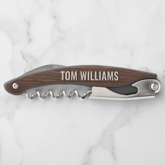 Elegante bruine houten textuur moderne stijl monog kurkentrekker (Achterkant)