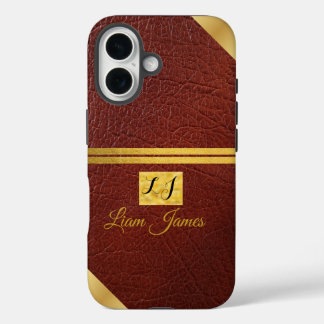 Elegante bruine leren gouden monogram telefoonhoes iPhone 16 hoesje