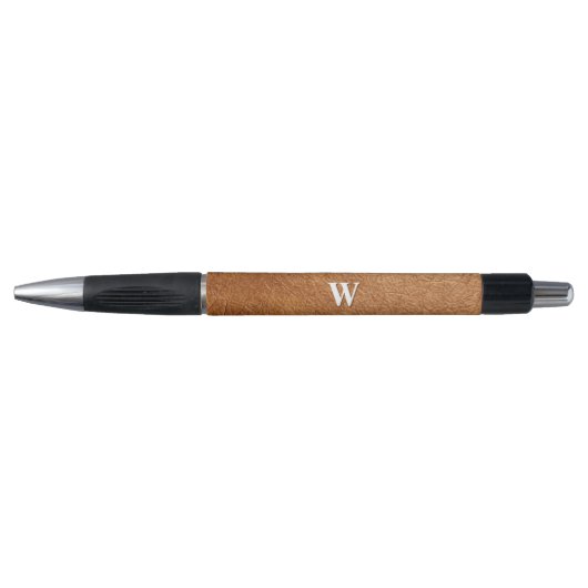 Elegante bruine leren textuur met monogram naam pen (Voorkant)