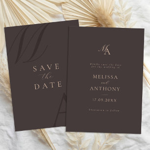 Elegante bruine monogram moderne minimalistische t save the date