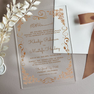 Elegante bruine rand moslim bruiloft acryl uitnodigingen