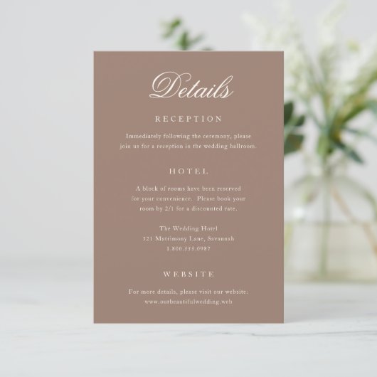 Elegante Bruine Romantische Bruiloft Informatiekaartje (Staand voorkant)