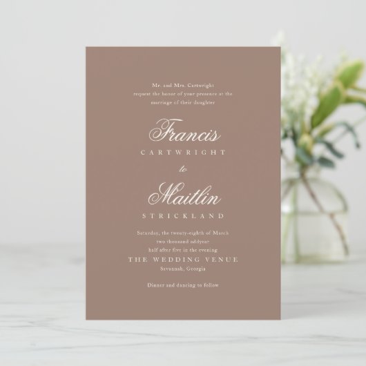 Elegante Bruine Romantische Bruiloft Kaart (Staand voorkant)