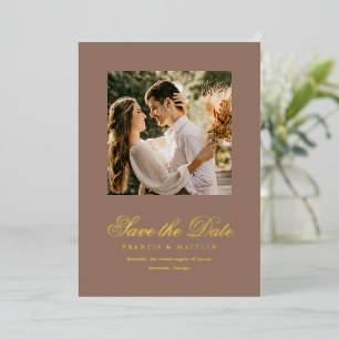 Elegante bruine romantische foto trouwkaart Save t Folie Uitnodiging