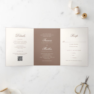 Elegante Bruine Romantische QR Code Bruiloft Drieluik Uitnodiging