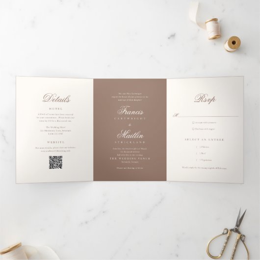 Elegante Bruine Romantische QR Code Bruiloft Drieluik Uitnodiging (Binnen)