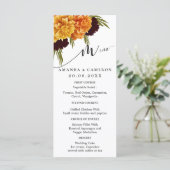 Elegante Bruine Rood Waterverf "MARIGOLD" Bruiloft Menu (Staand voorkant)