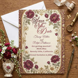 Elegante bruine roos antieke juweeltonen bruiloft save the date