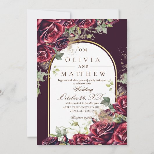 Elegante bruine roos en gouden bloemen bruiloft  kaart (Voorkant)