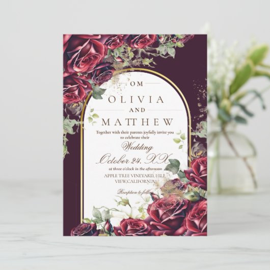 Elegante bruine roos en gouden bloemen bruiloft  kaart (Staand voorkant)