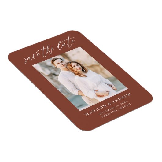 Elegante bruine script foto save the date magneet (Rechterzijde)