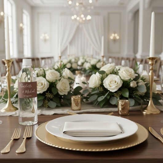 Elegante Bruine Script Minimalistische Trouwdag Waterfles Etiket