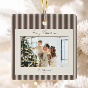 Elegante bruine strepen Kerst foto Keramisch Ornament