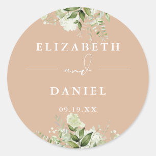 Elegante bruine trouwgunst met bloemengroen ronde sticker