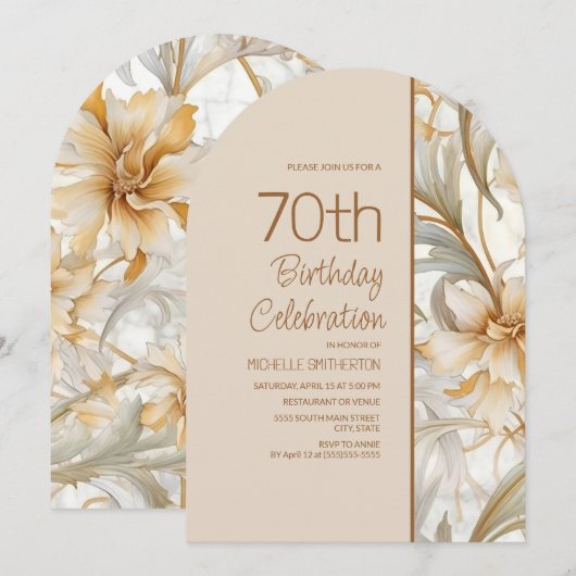 Elegante Bruine Waterverf Bloemenboog 70e verjaard Kaart (Voorkant / Achterkant)