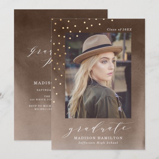 Elegante bruine Waterverf foto afstudeerfeest Kaart (Voorkant / Achterkant)