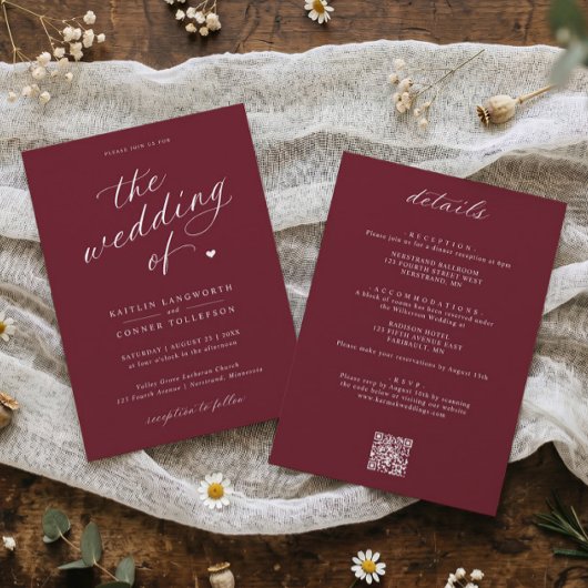 Elegante bruinrode script all-in-one bruiloft kaart