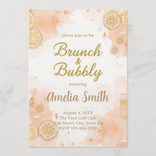 Elegante brunch- en bubbelsuitnodiging – Perzik Kaart (Voorkant)
