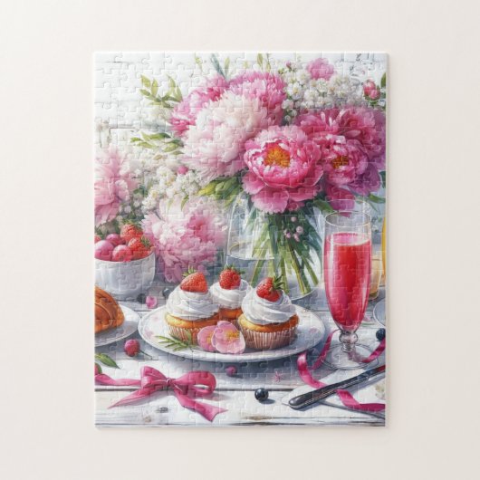 Elegante brunch met gebak en pioenen legpuzzel (Verticaal)