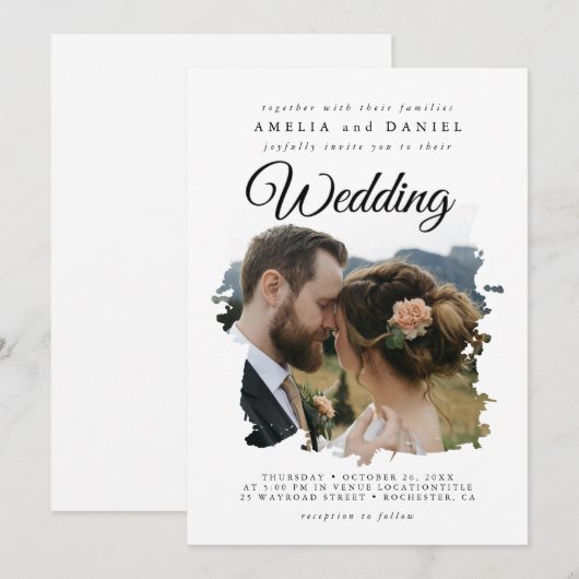 Elegante Brushstroke Wedding Kaart (Voorkant / Achterkant)