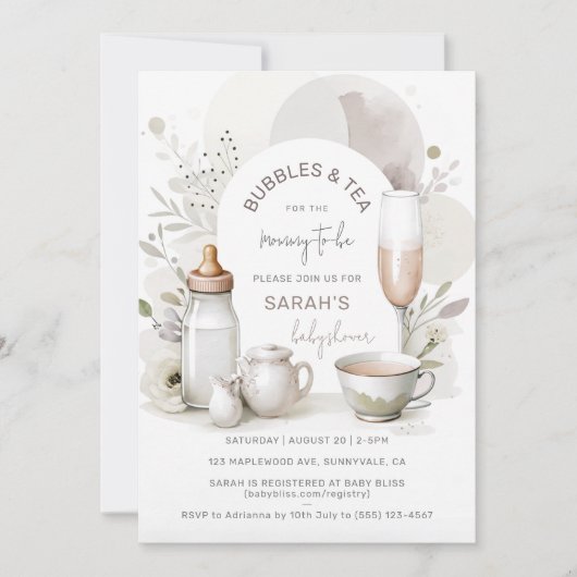 Elegante Bubbles & Tea Baby shower Uitnodiging (Voorkant)