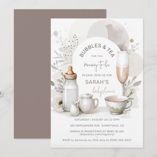 Elegante Bubbles & Tea Baby shower Uitnodiging (Voorkant / Achterkant)