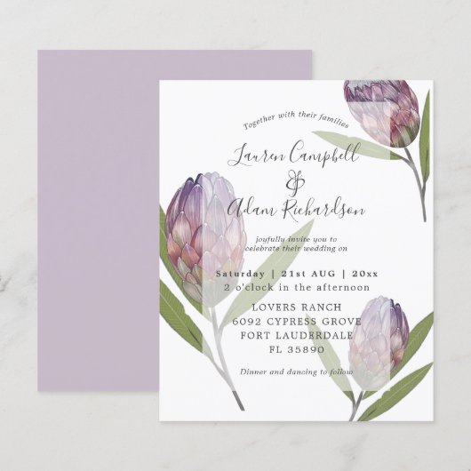 Elegante Budget Protea Paarse Trouw Uitnodiging (Voorkant / Achterkant)