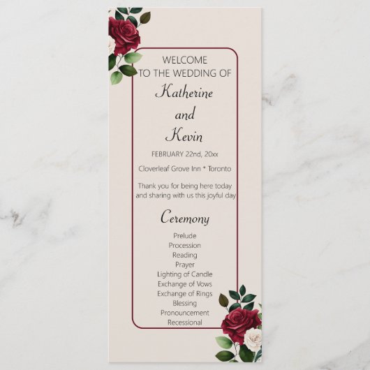 Elegante Burgandy Ivoor Cream Bloemen Bruiloft Programmakaart (Voorkant)