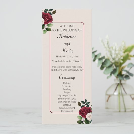 Elegante Burgandy Ivoor Cream Bloemen Bruiloft Programmakaart (Staand voorkant)