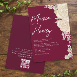 Elegante Burgundy Aquarel Ivoor Bloem QR Code Kaart