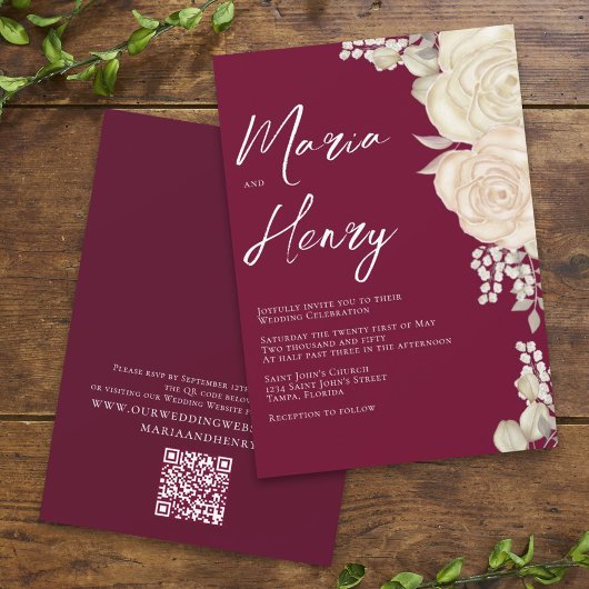 Elegante Burgundy Aquarel Ivoor Bloem QR Code Kaart