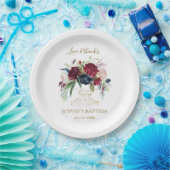 Elegante Burgundy Blauwe Aquarel Bloemen Doop Papieren Bordje (Feest)