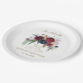 Elegante Burgundy Blauwe Aquarel Bloemen Doop Papieren Bordje (Gekanteld)