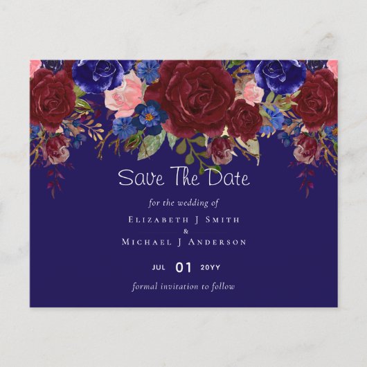 Elegante Burgundy Blauwe Bloem Bruiloftsbudget (Voorkant)