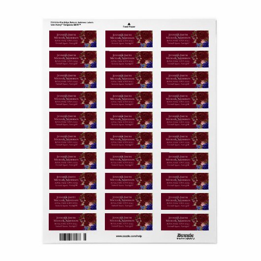 Elegante Burgundy Blauwe Bloemige Huwelijk met Bud Etiket (Full Sheet)