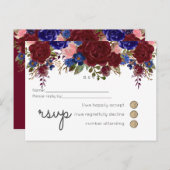 Elegante Burgundy Blauwe Bloemige Trouwbudget Uitnodiging Briefkaart (Voorkant / Achterkant)
