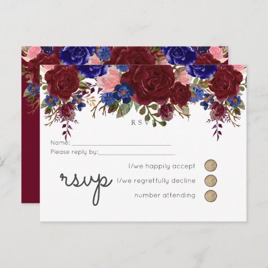 Elegante Burgundy Blauwe Bloemige Trouwbudget Uitnodiging Briefkaart (Voorkant / Achterkant)