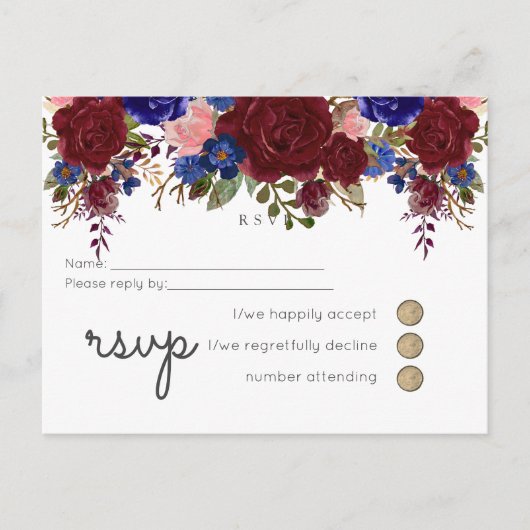 Elegante Burgundy Blauwe Bloemige Trouwbudget Uitnodiging Briefkaart (Voorkant)