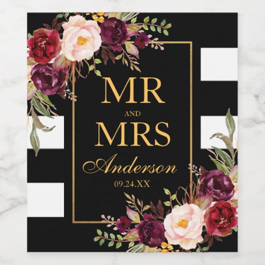 Elegante Burgundy Bloem Zwarte Witte Gestreepte Go Wijn Etiket (Enkel label)