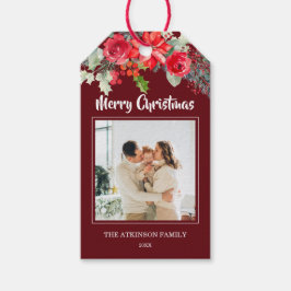 Elegante Burgundy Bloemen Familie Foto Kerstmis Cadeaulabel