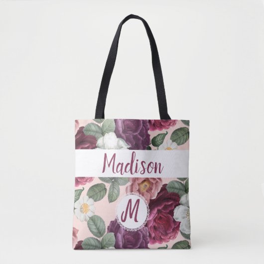 Elegante Burgundy Bloemen Trendy Initiaal Monogram Tote Bag (Voorkant)