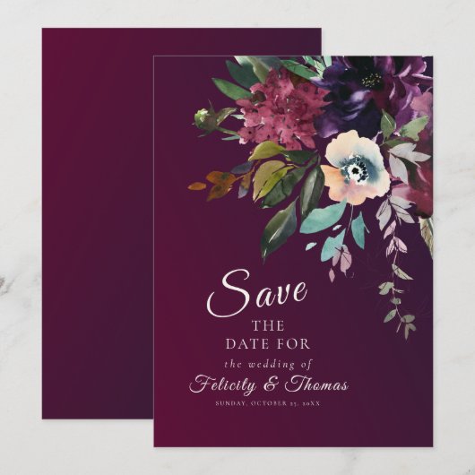 Elegante Burgundy Bloemen Trouw Save The Date Kaart (Voorkant / Achterkant)