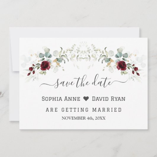 Elegante Burgundy Bloemige Luchtige Bladeren Bruil Save The Date (Voorkant)