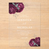 Elegante Burgundy Bloemige Pioenrozen Bruiloft Acryl Uitnodigingen (Voorkant)