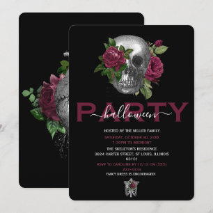 Elegante Burgundy Bloemrijke Schedel Halloween Fee Kaart