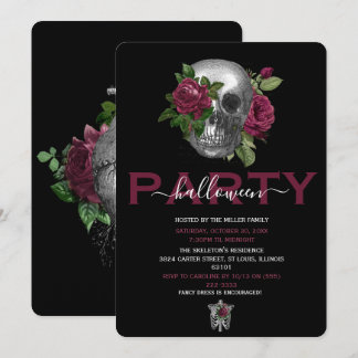 Elegante Burgundy Bloemrijke Schedel Halloween Fee Kaart