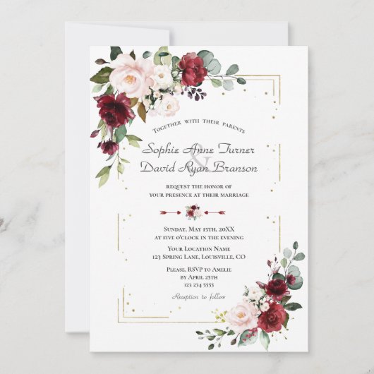 Elegante Burgundy Blozende Bloemen Gouden Trouw  Kaart (Voorkant)