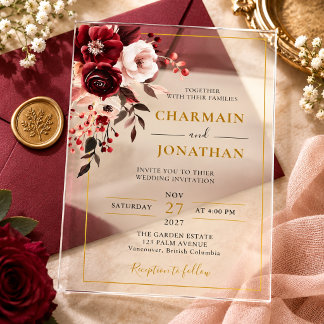 Elegante Burgundy Blush Bloem Gouden Bruiloft Acryl Uitnodigingen