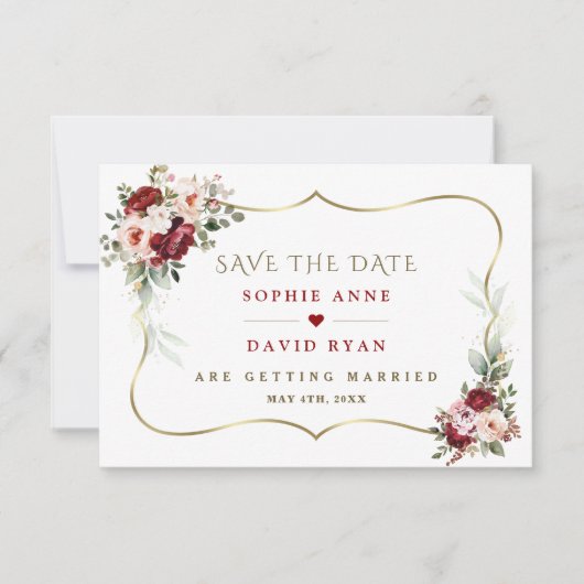 Elegante Burgundy Blush Bloemen Gouden Herfst Brui Save The Date (Voorkant)