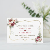 Elegante Burgundy Blush Bloemen Gouden Herfst Brui Save The Date (Staand voorkant)